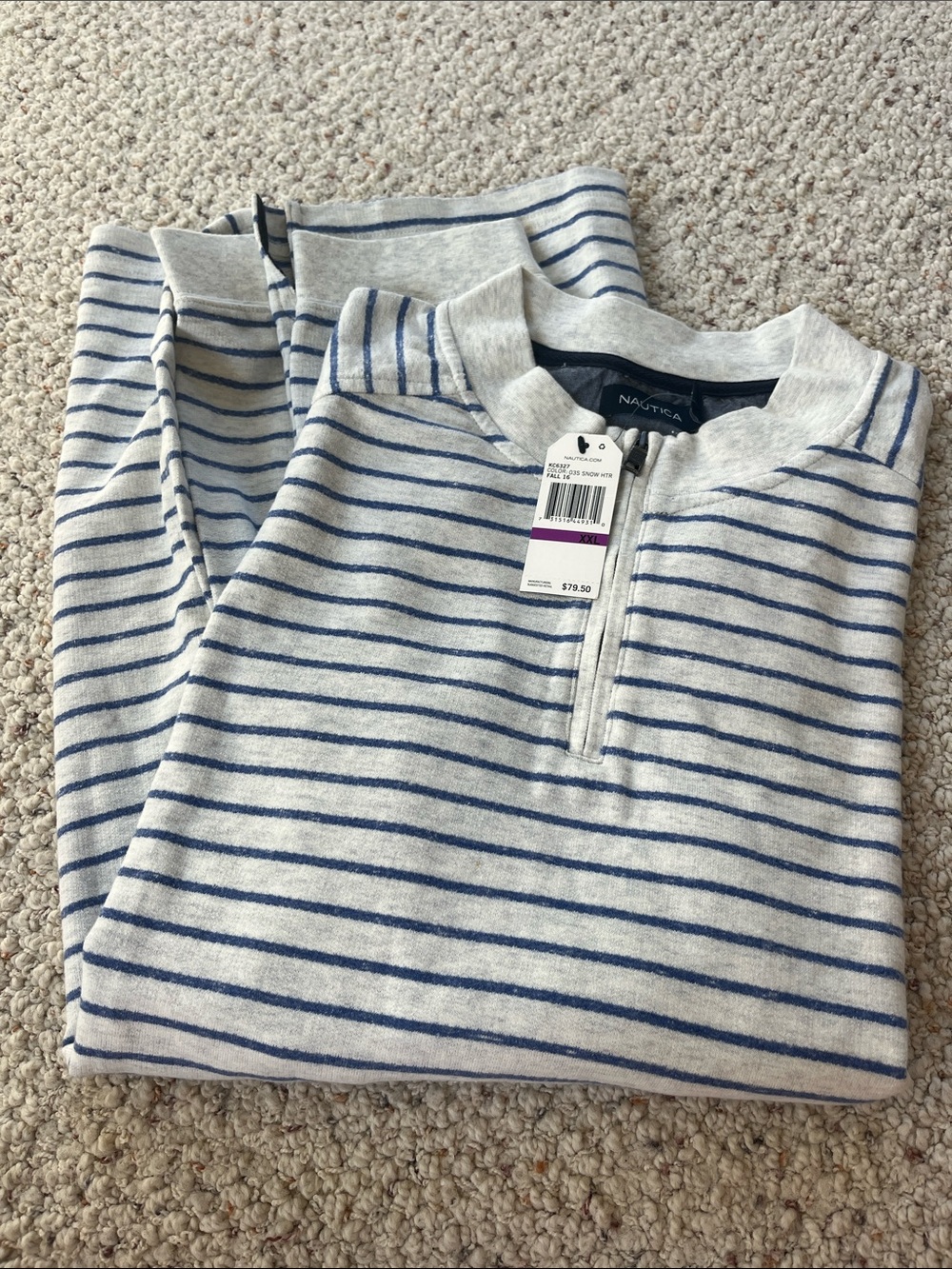 Nautica Men's Light Gray and Blue Striped Zip-Up Sweater